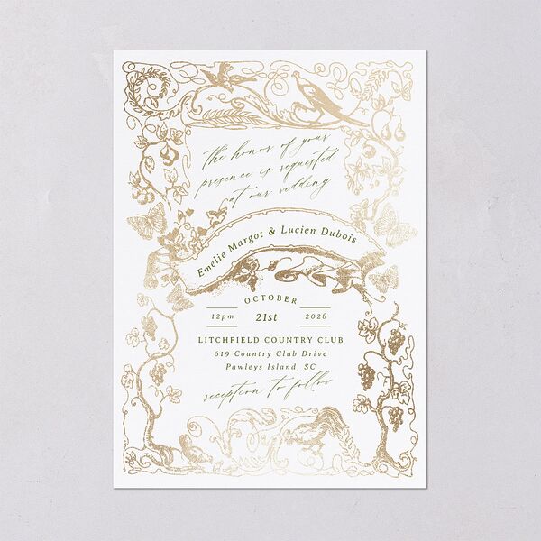 Vintage Toile Foil Wedding Invitations Gold Greenery Signature Blank No