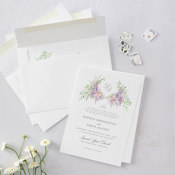 Formal Wisteria Garden Crest Wedding Invitations by Bridgerton Purple Haze Signature Blank No Standard