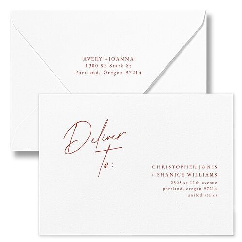 Corner Script Save The Date Card Euro Envelopes White Copper Return Address Luxe Signature