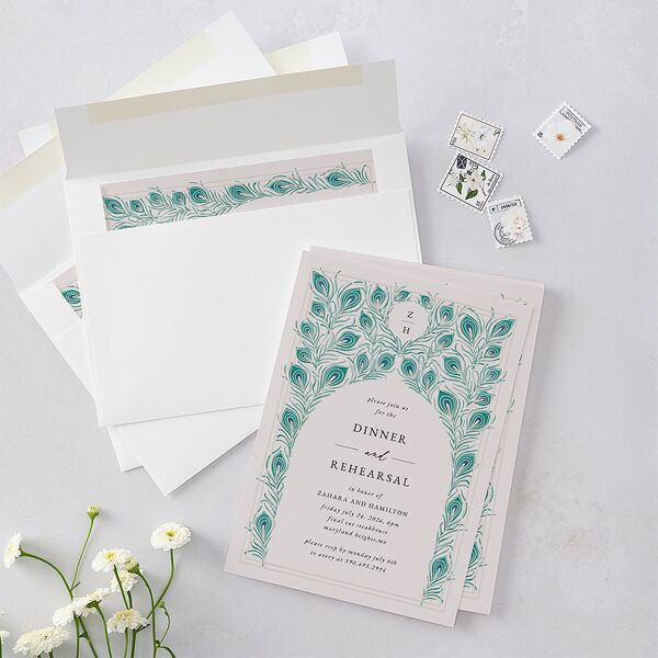 Peacock Nouveau Rehearsal Dinner Invitations Linen Signature Blank Standard