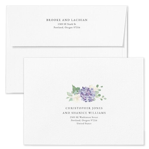 Elegant Hydrangea Save The Date Card Envelopes White Boysenberry Both Recipient and Return Addresses Signature Standard
