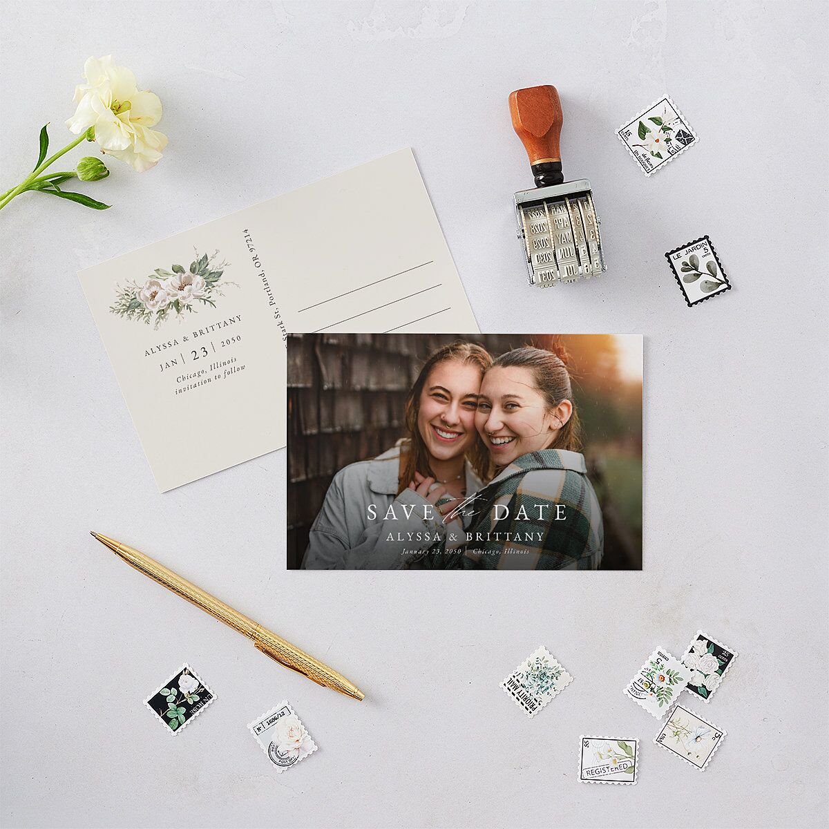 Greenery Laurel Save the Date Postcards Champagne