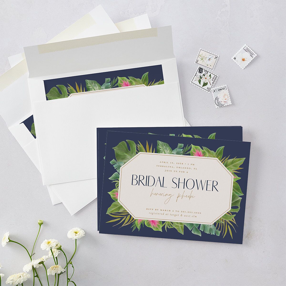 Hawaiian Tropical Monstera Frame Bridal Shower Invitations Moody Blue Signature Blank Standard