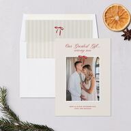 Our Greatest Gift Minimalist Bow Baby Announcement Holiday Cards Cream Signature Blank Portrait  Standard