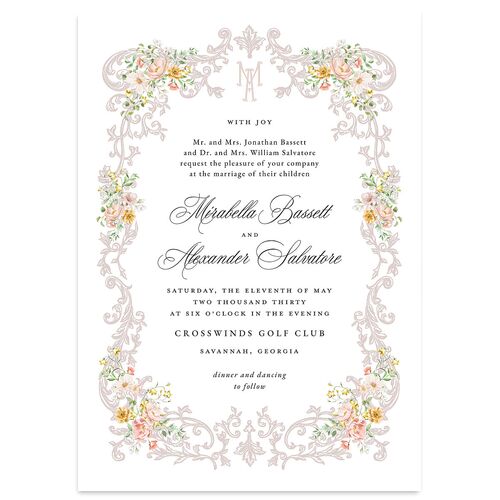 Elegant Floral Regency Wedding Invitations Pink Cotton Signature Blank No Standard