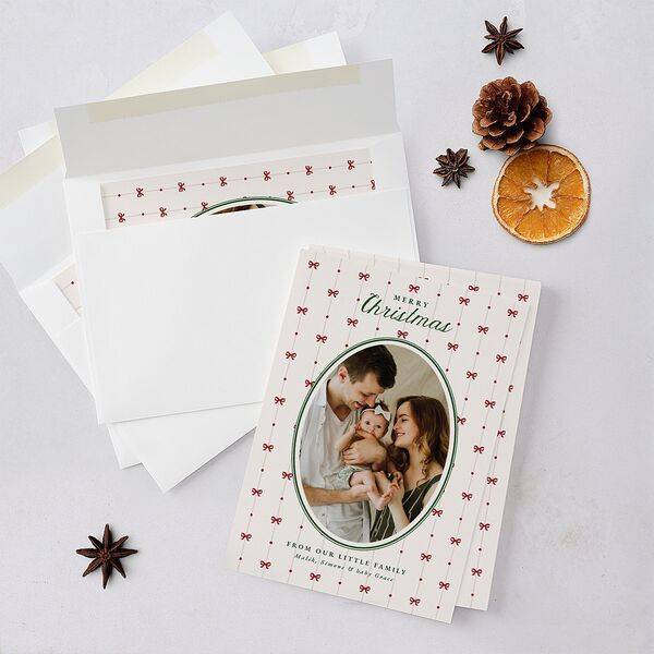 Christmas Bow Pattern Holiday Cards Jewel Red Signature Blank Standard Portrait