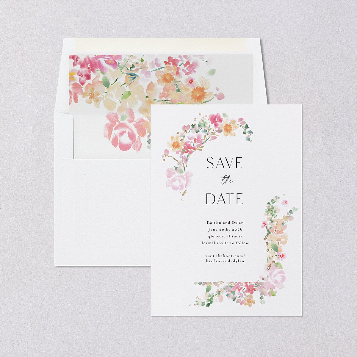 Pastel Flower Arch Foil Save the Date Cards Gold Pink Cotton Signature smooth Blank No Standard