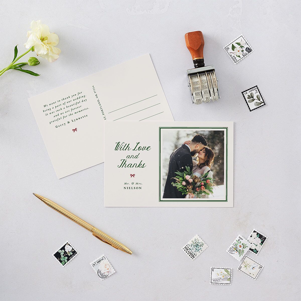 Vintage Bow Pattern Photo Thank You Postcards Jewel Green