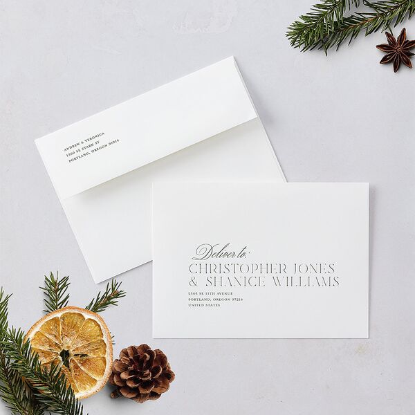 Classic Happy Holiday Card Envelopes Thyme White Both Recipient and Return Addresses Standard Signature