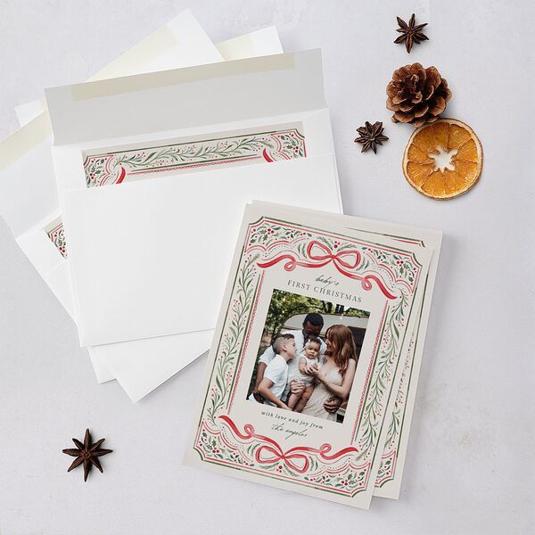 Baby's First Christmas Bow Garland Holiday Cards Ruby Signature Blank Portrait Standard