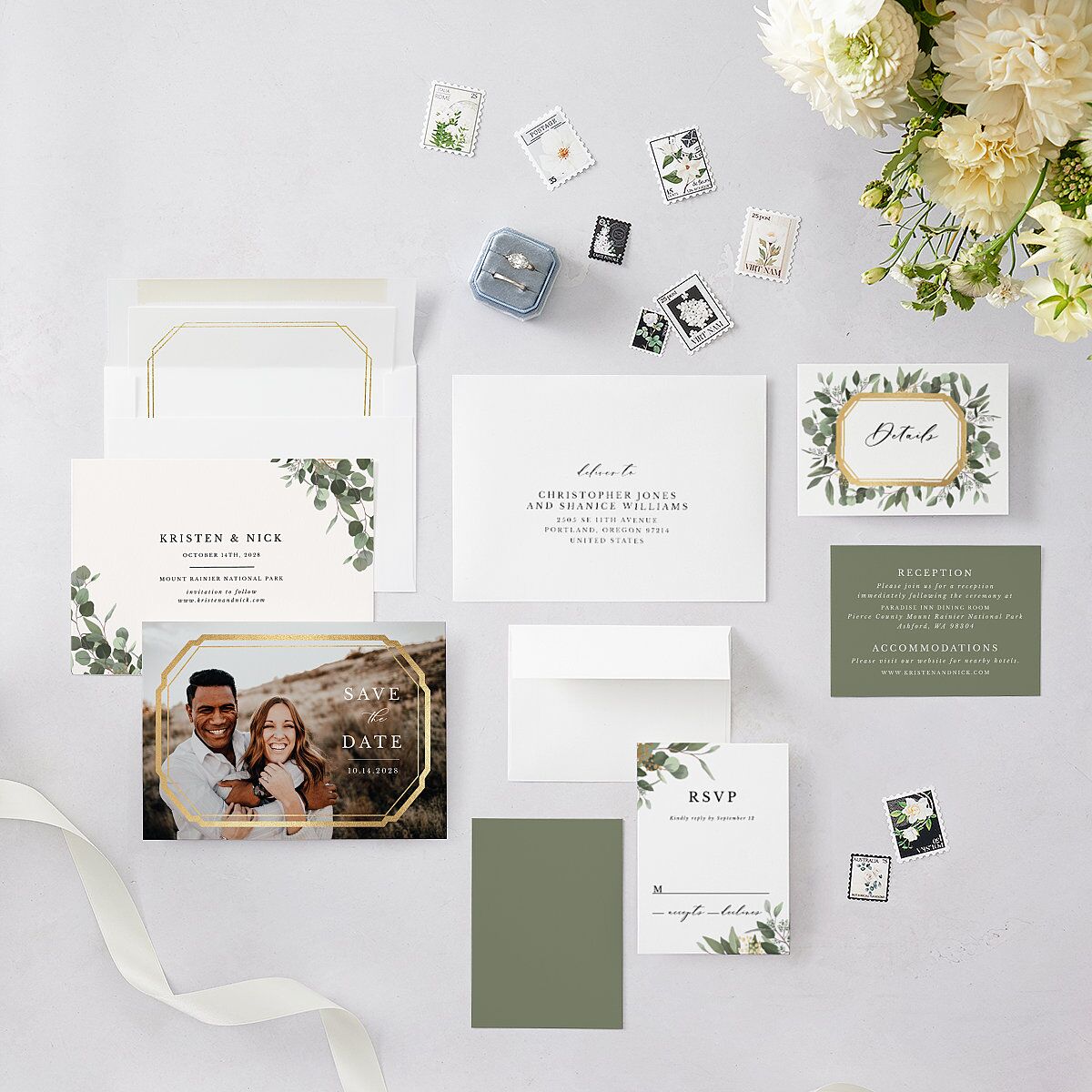 Eucalyptus Frame Foil Save The Date Cards Gold Pure White Signature smooth Blank No Standard