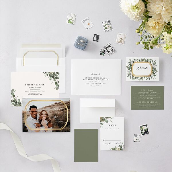 Eucalyptus Frame Foil Save The Date Cards Gold Pure White Signature smooth Blank No Standard