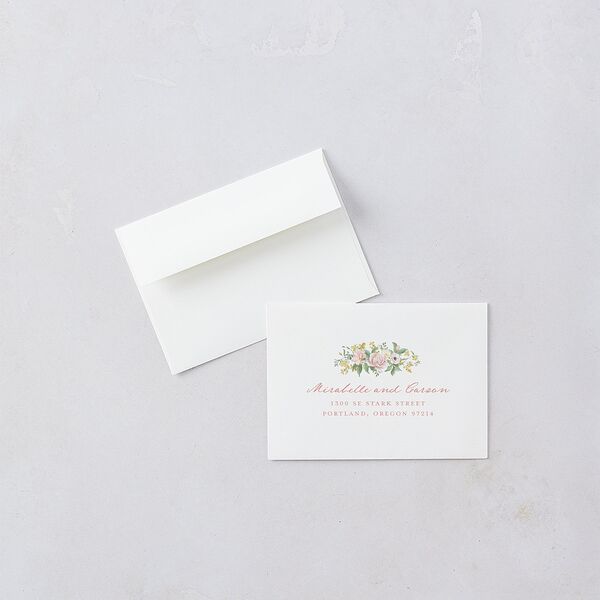 Maximalist Floral Crest Response Card Envelopes White Pink Cotton Return Address Signature Standard