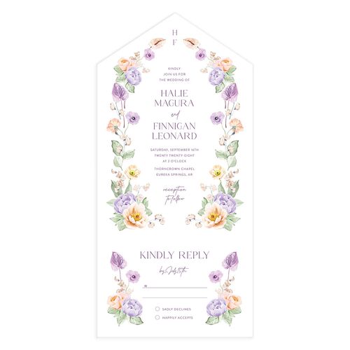 Whimsical Maximalist Floral All-in-One Wedding Invitations Purple Petal Signature Light Both Recipient and Return Addresses No
