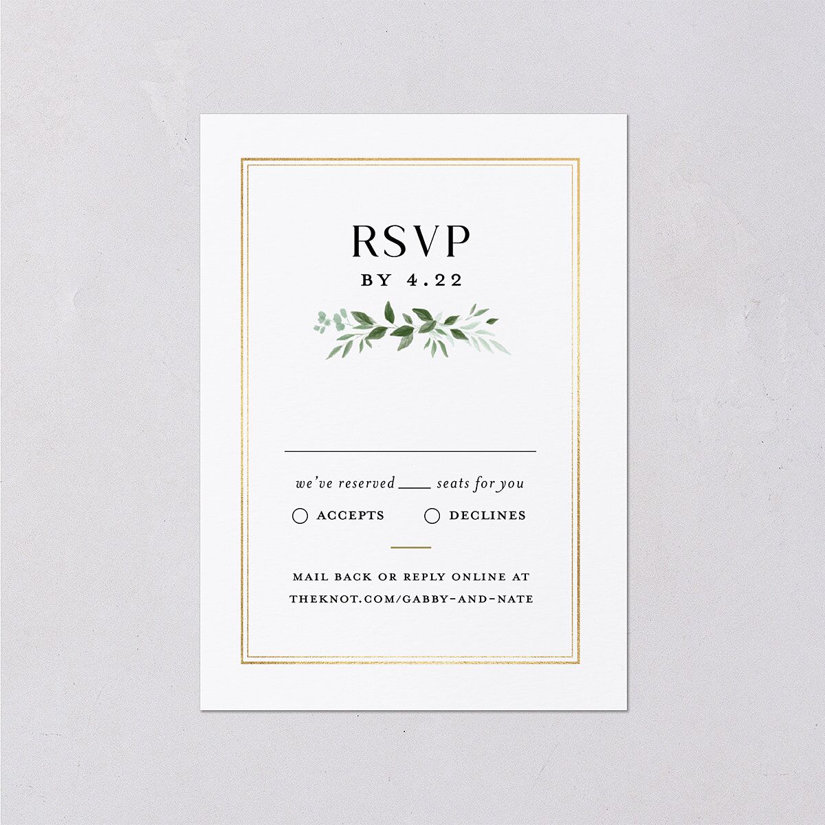 Greenery Frame Foil Wedding Response Cards Gold Pure White Signature Standard