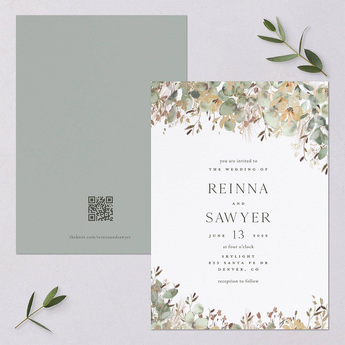 Eucalyptus Edges Wedding Invitations Gold Pure White Signature Blank No