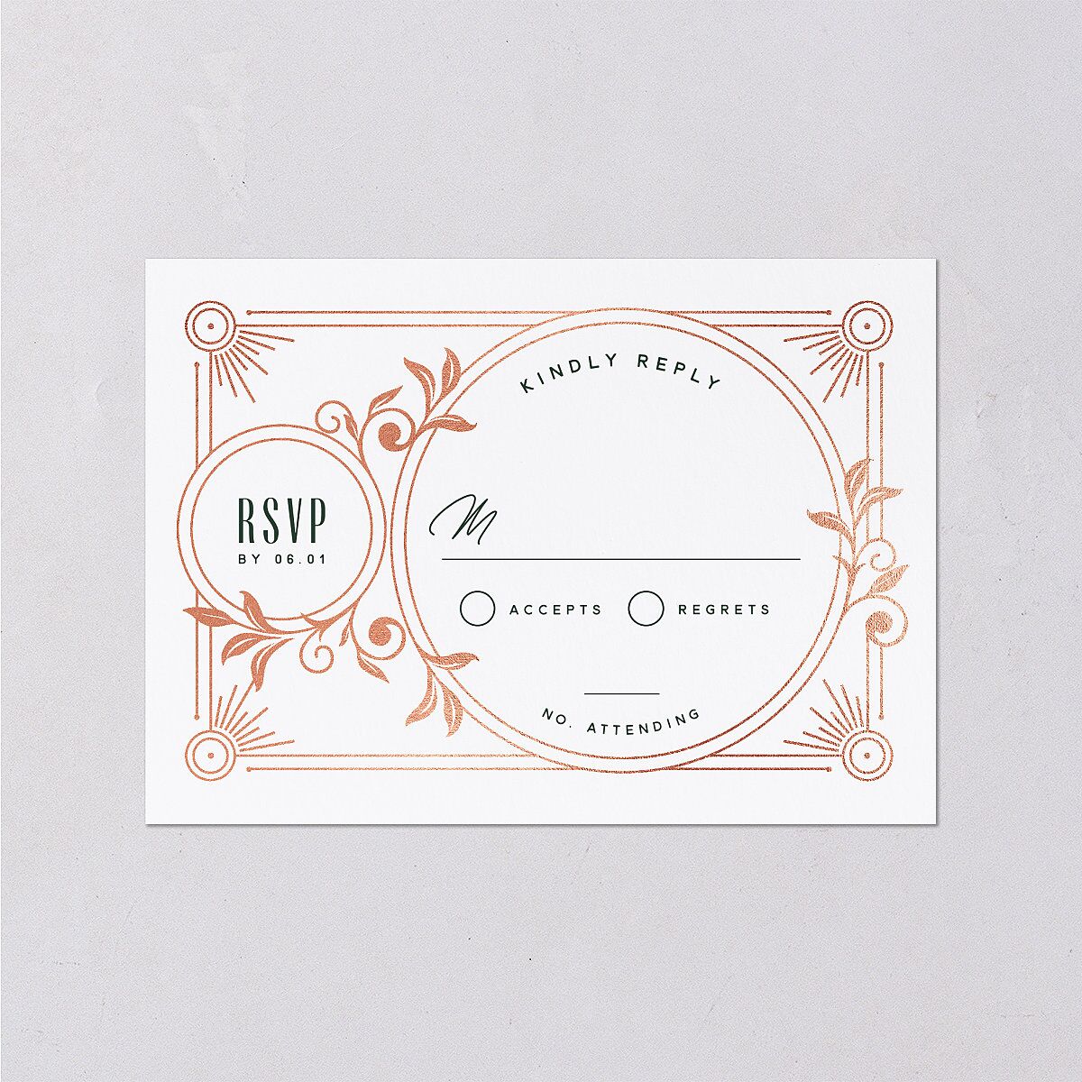 Ornate Elegance Wedding Response Cards Rose Gold Dark Emerald Signature Standard