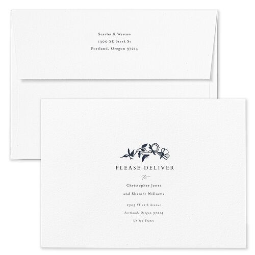 Delicate Vines Rehearsal Dinner Invitation Envelopes White Dark Navy Both Recipient and Return Addresses Signature Standard
