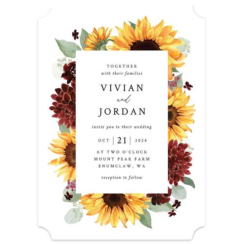 Classic Countryside Sunflowers Wedding Invitations Burgundy Signature Blank No Ticket