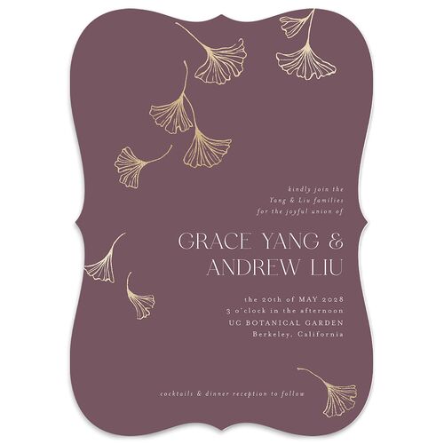Ginkgo Leaves Wedding Invitations Gold Plum Signature Blank No Bracket