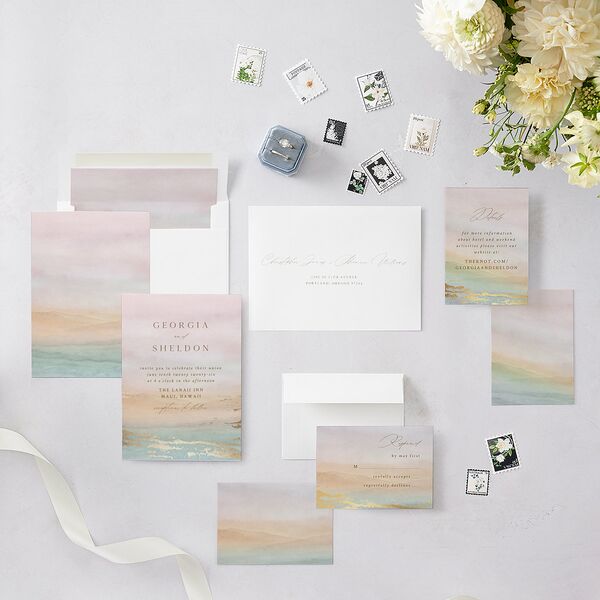 Ethereal Sunset Wedding Invitations Gold Peach Fuzz Signature Blank No