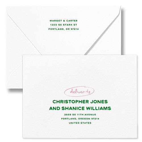 Whimsically Retro Handwritten Note Wedding Invitation Euro Envelopes Kelly Green White Both Recipient and Return Addresses Luxe Signature