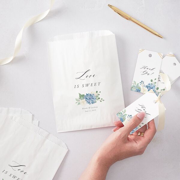 Elegant Hydrangea Favor Bags White Dusty Blue Wax-Lined Food Safe Paper