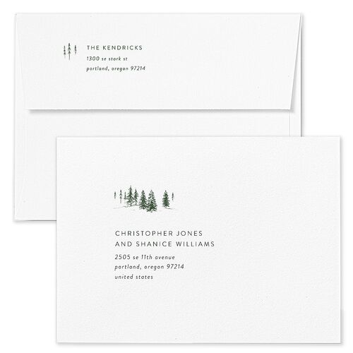 Triptych Trees Holiday Card Envelopes Blue Hunter Green Both Recipient and Return Addresses Standard Signature