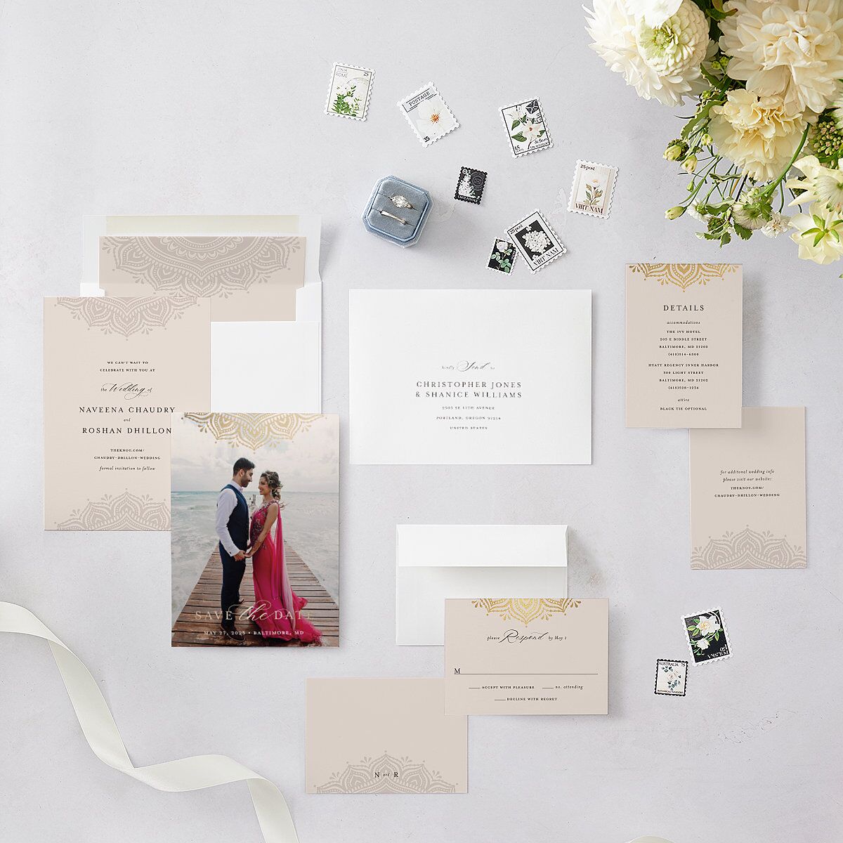 Indian Gilded Adornment Save The Date Cards Gold Sand Signature smooth Blank No Standard