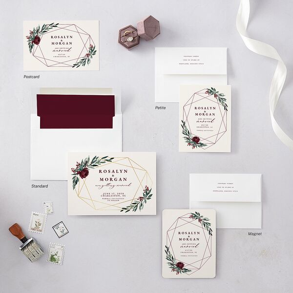 Gilded Botanical Foil Save The Date Cards Gold Burgundy Signature smooth Blank No Standard