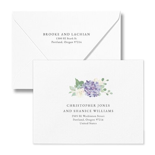 Elegant Hydrangea Save the Date Petite Card Euro Envelopes White Boysenberry Both Recipient and Return Addresses Luxe Signature