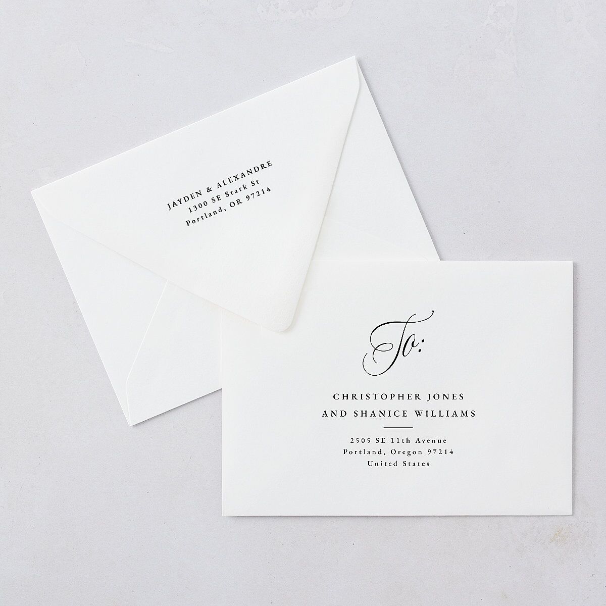 We're Engaged Calligraphy Engagement Party Invitation Euro Envelopes White Champagne Both Recipient and Return Addresses Luxe Signature