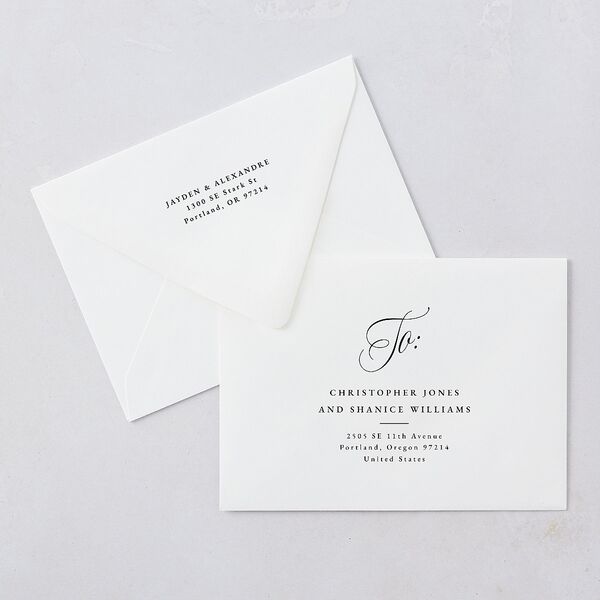 We're Engaged Calligraphy Engagement Party Invitation Euro Envelopes White Champagne Both Recipient and Return Addresses Luxe Signature