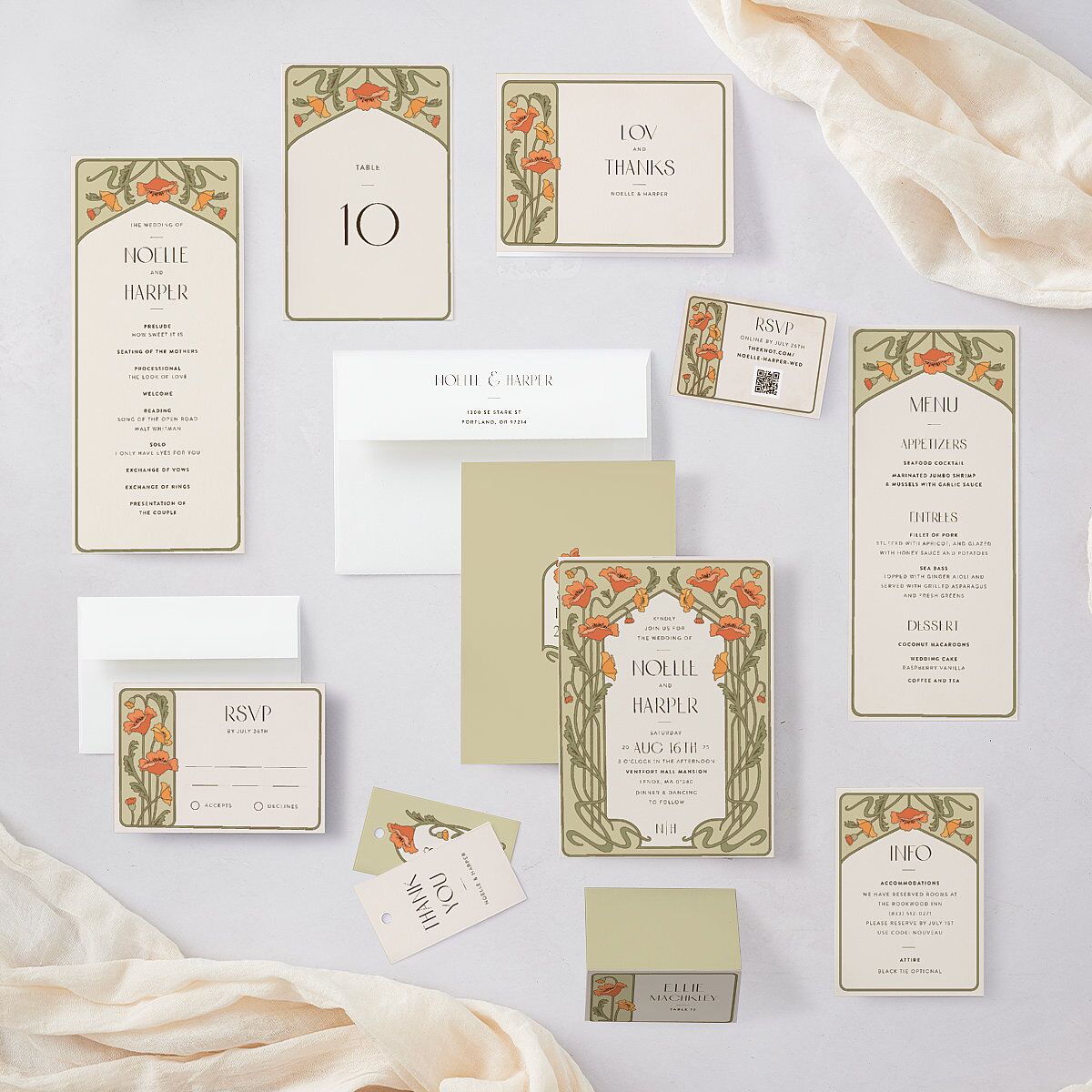 Vintage Nouveau Floral QR Code RSVP Cards Pear Signature Rounded