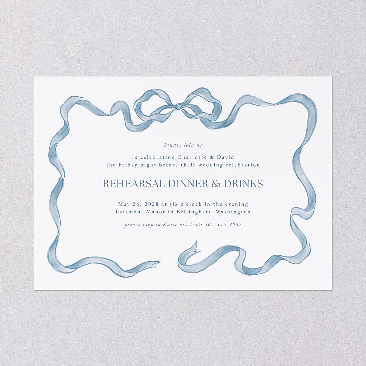 Vintage Bow Rehearsal Dinner Invitations Regency Blue Signature Blank Standard