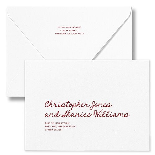 Hand Drawn Heart Photo Wedding Invitation Euro Envelopes Maroon White Both Recipient and Return Addresses Luxe Signature