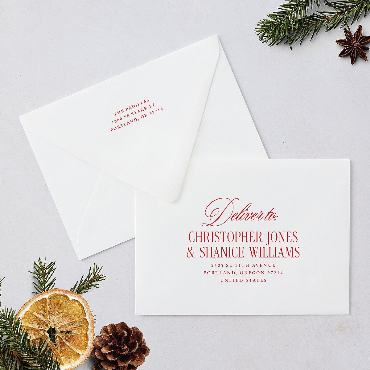 Retro Classic Newlywed Photo Holiday Card Euro Envelopes White Scarlet Both Recipient and Return Addresses Luxe Signature