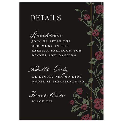 Sword and Roses Fantasy Garden Wedding Event Detail Cards Charcoal Signature Standard