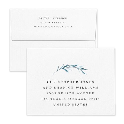Natural Laurel Save the Date Magnet Envelopes Blue Cornflower Both Recipient and Return Addresses Signature Standard