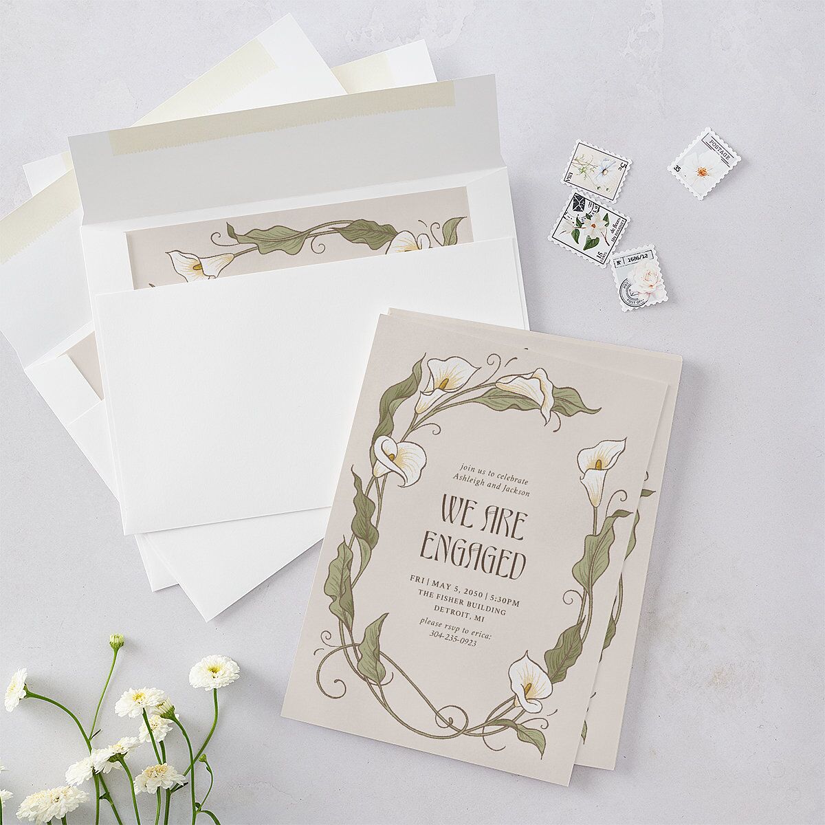 Calla Lily Nouveau Engagement Party Invitations Champagne Signature Blank Standard
