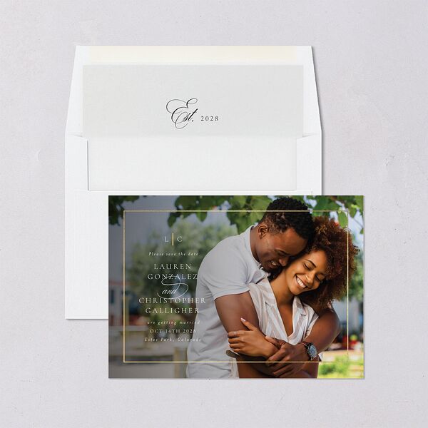 Timeless Frame Save The Date Cards Gold Pure White Signature smooth Blank No Standard