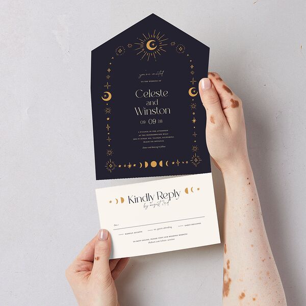 Celestial Galaxy All-in-One Wedding Invitations Dark Navy Signature Light Both Recipient and Return Addresses No