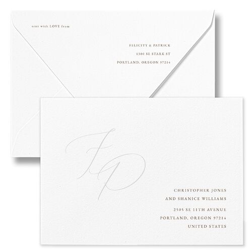 Simply Devoted Wedding Invitation Euro Envelopes White Sepia Both Recipient and Return Addresses Luxe Signature