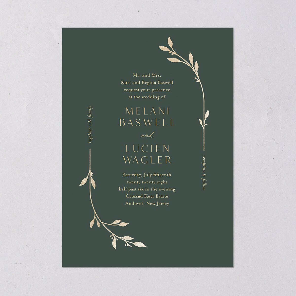 Gilded Sprigs Foil Wedding Invitations Gold Dark Emerald Signature Blank No Standard