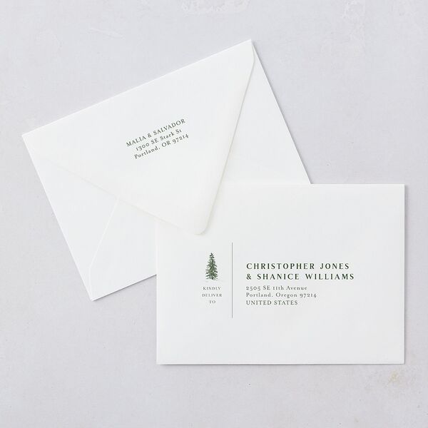 Etched Mountains Save The Date Card Euro Envelopes White Hunter Green Both Recipient and Return Addresses Luxe Signature