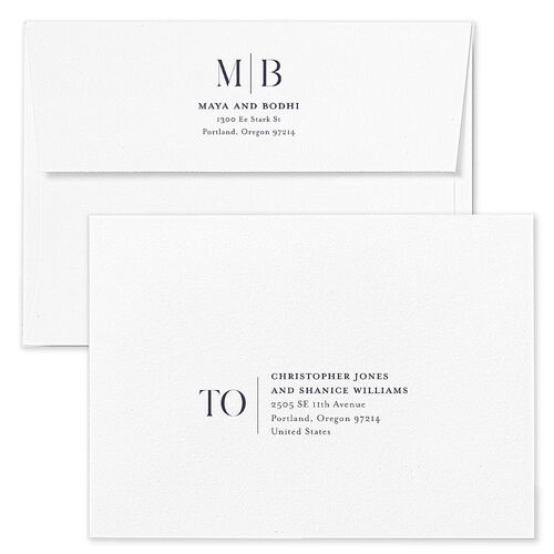 Monogram Portrait Wedding Invitation Envelopes White Dark Navy Both Recipient and Return Addresses Standard Signature