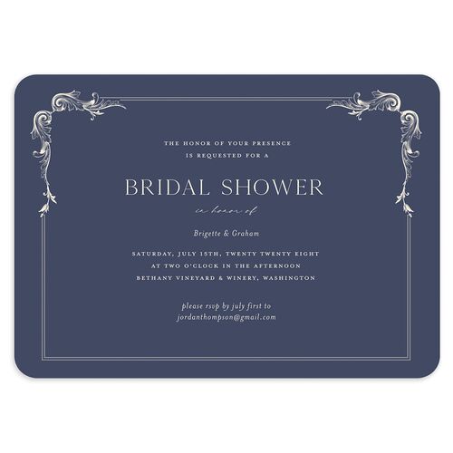 Vintage Ornate Frame Bridal Shower Invitations Moody Blue Signature Blank Rounded