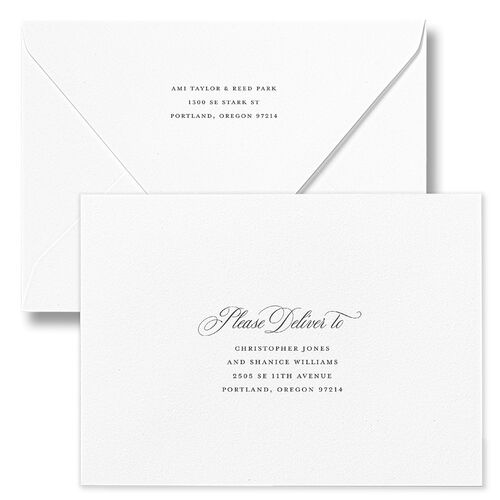 Grand Calligraphy Save The Date Card Euro Envelopes White Medieval Grey Both Recipient and Return Addresses Luxe Signature