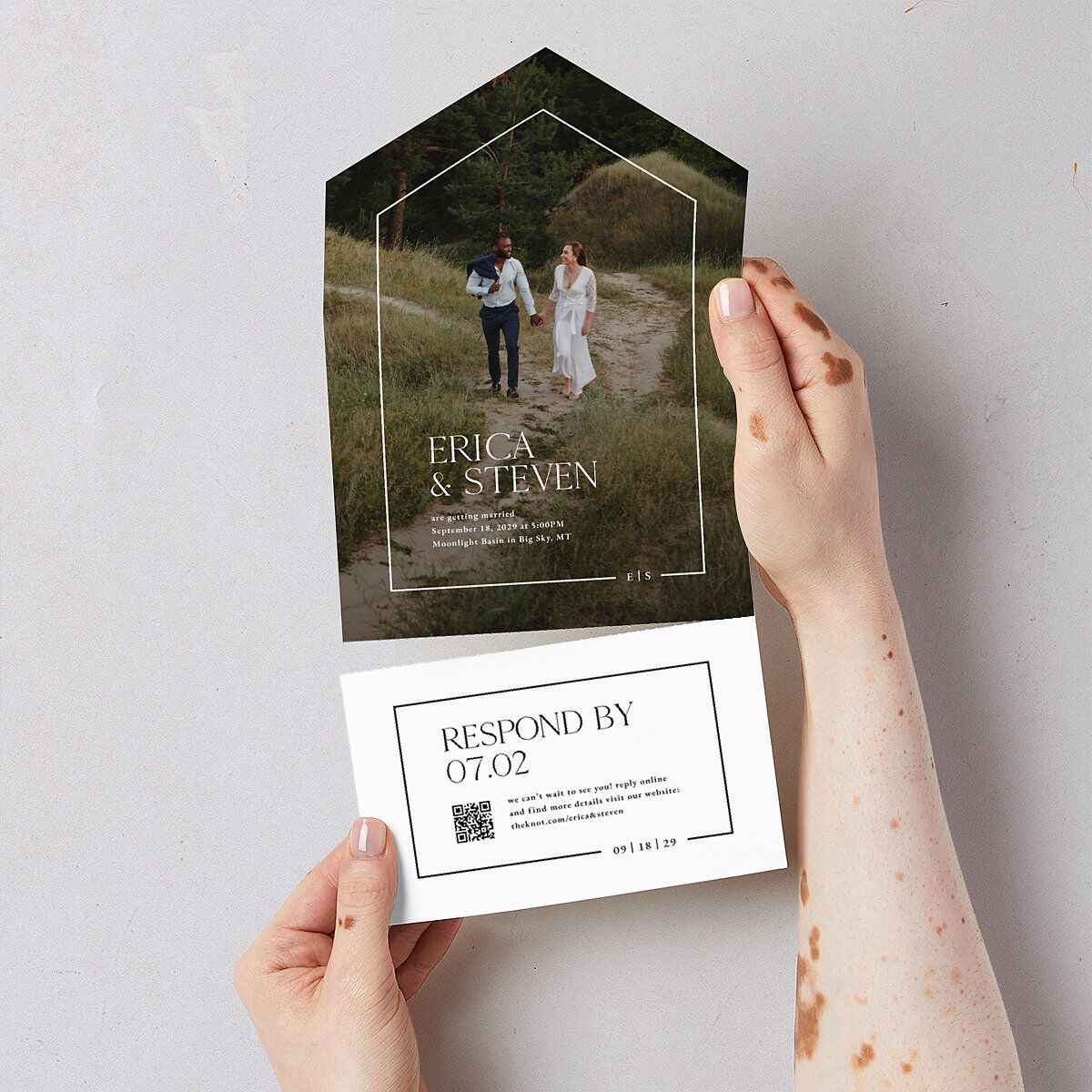 Minimalist Photo Frame Foil All-in-One Wedding Invitations Pure White Signature Light Both Recipient and Return Addresses No