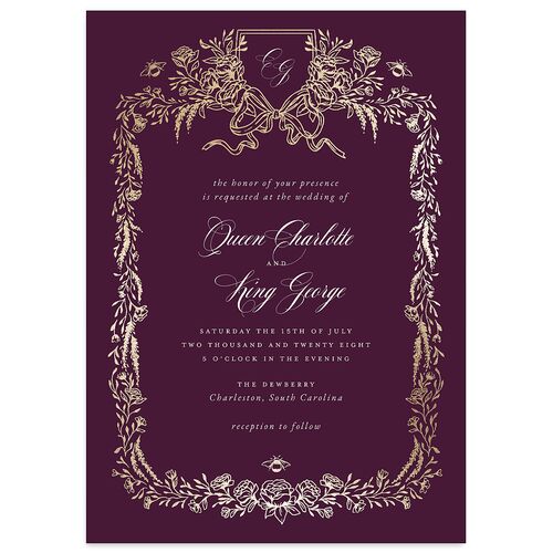 Rose Garden Crest Wedding Invitations by Bridgerton Gold Bordeaux Signature Blank No Standard